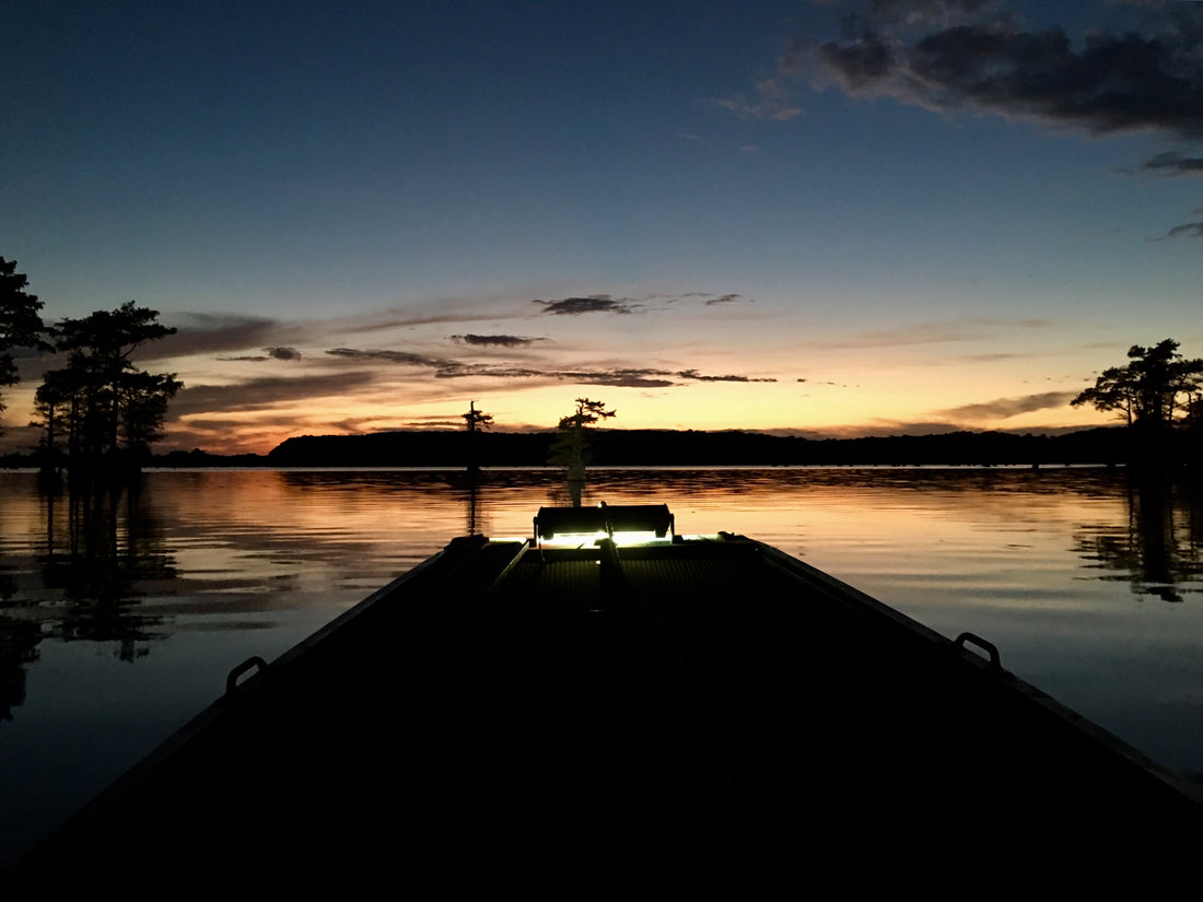 Caddo Lake as dusk from the drivers seat of a John boat.