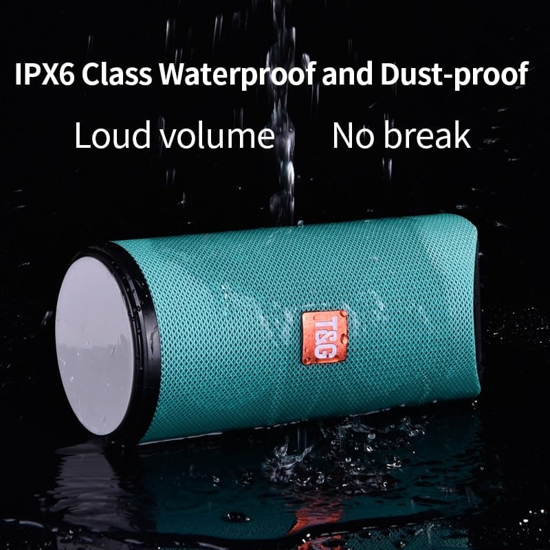 Teal portable speaker with water droplets on a black background, featuring text about waterproof and dust-proof properties.