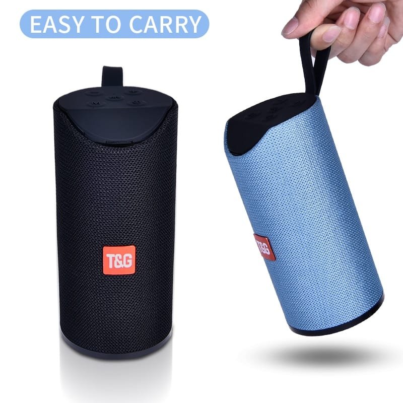 Black and blue portable speakers with carrying handles on a white background